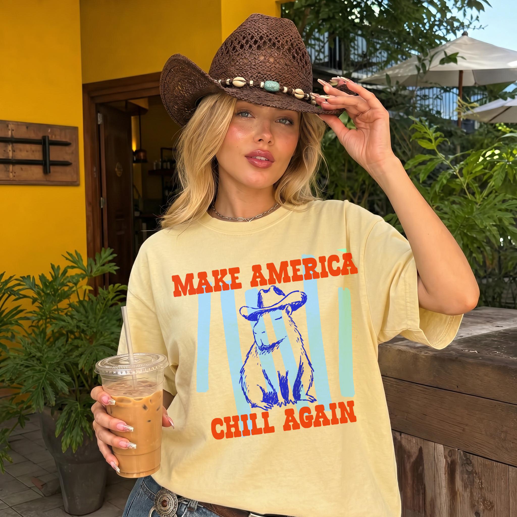 Funny Capybara T-Shirt - Make America Chill Again Cowboy Hat Progressive Liberal Anti Trump Tee Shirt