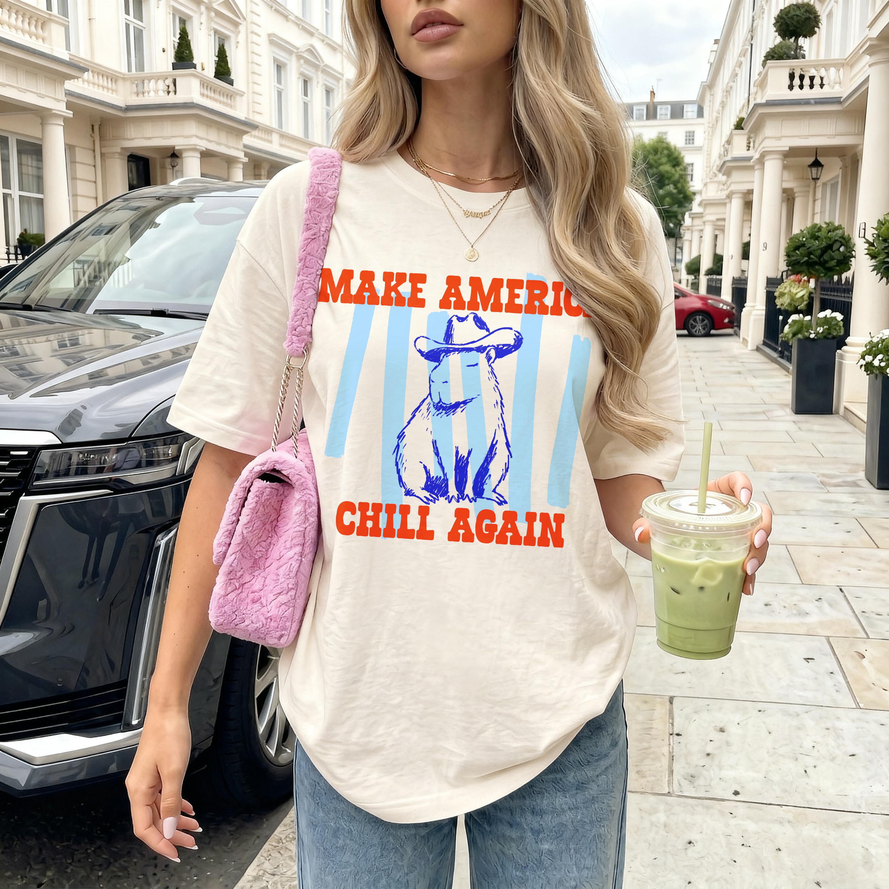 Funny Capybara T-Shirt - Make America Chill Again Cowboy Hat Progressive Liberal Anti Trump Tee Shirt