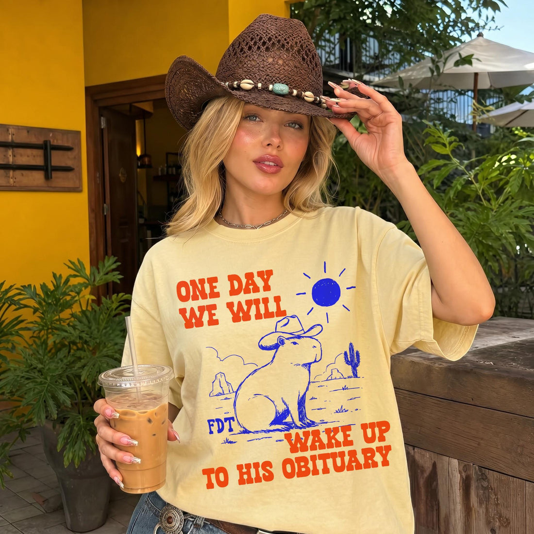 Yellow t-shirt with graphic and text: &amp;quot;ONE DAY WE WILL FDT WAKE UP TO HIS OBITUARY&amp;quot;