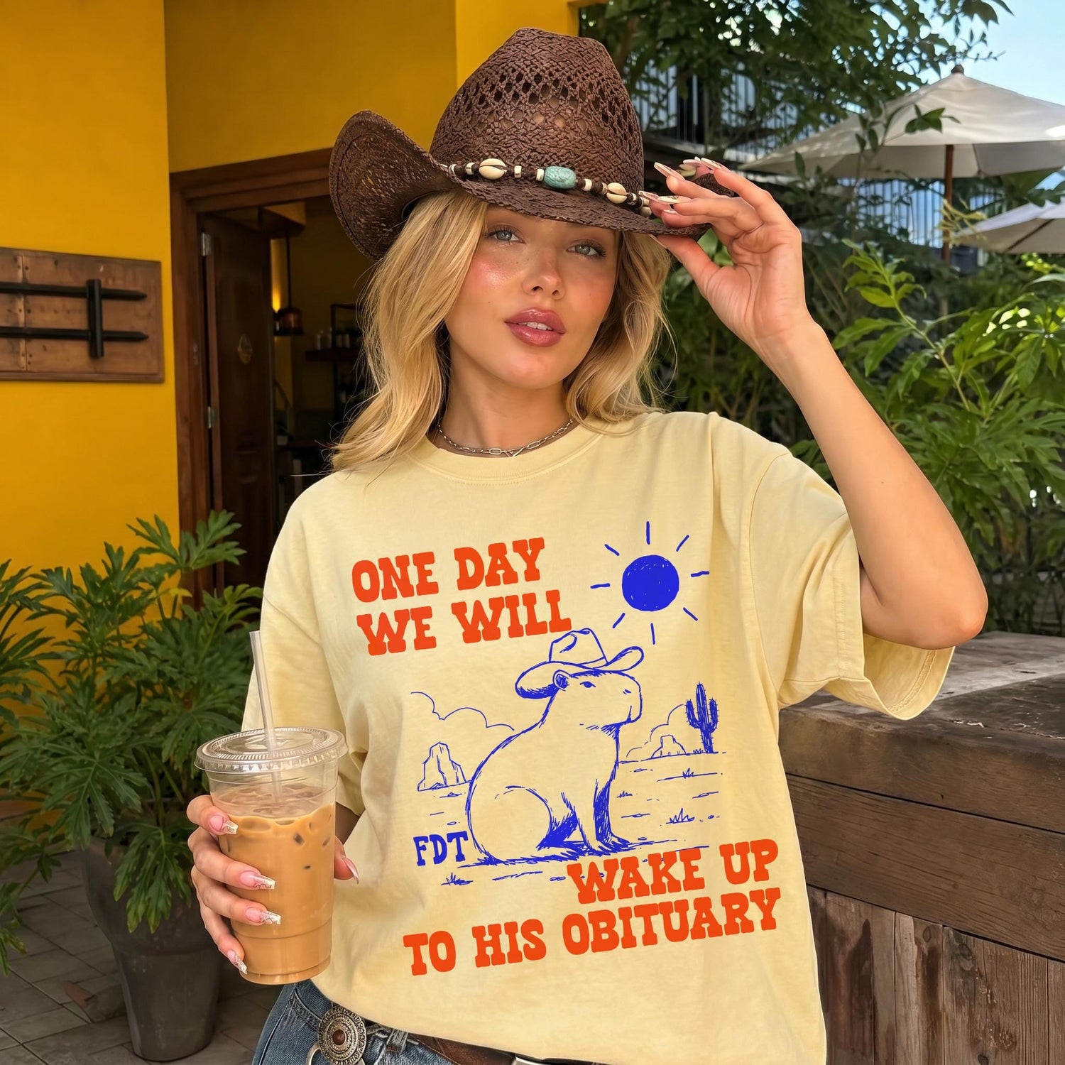 Yellow t-shirt with graphic and text: &amp;quot;ONE DAY WE WILL FDT WAKE UP TO HIS OBITUARY&amp;quot;