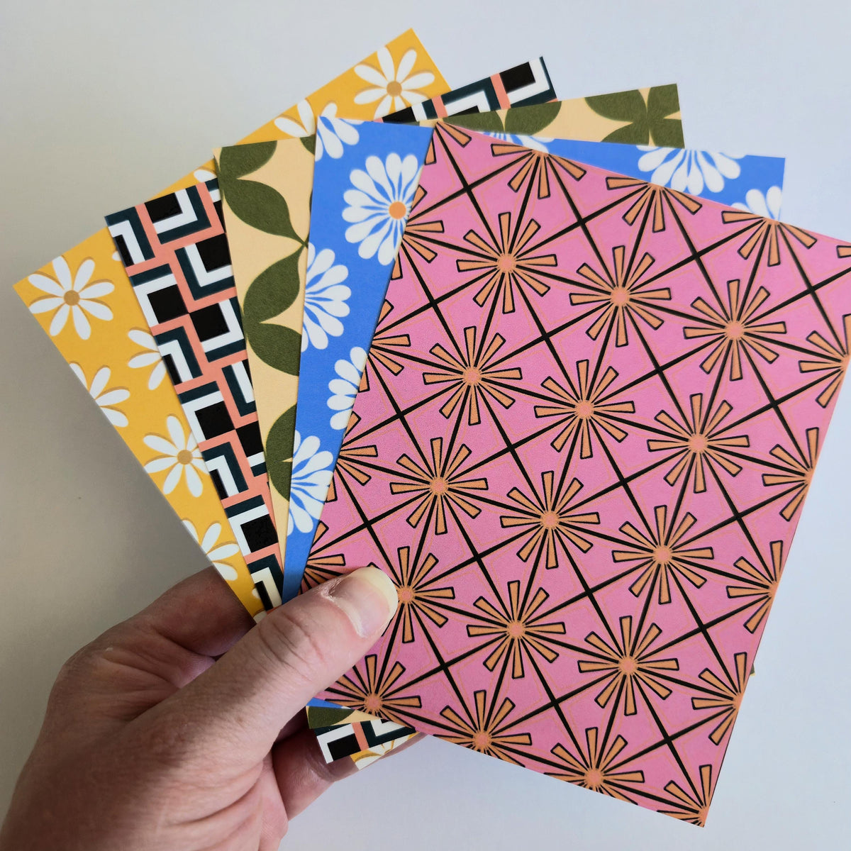 Retro-Inspired Geometric &amp; Floral Mystery Paper Bundle, Varied Scrapbook Junk Journal Pages 5.5x8.5, 4.25x5.5