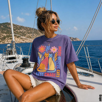 Woman wearing purple t-shirt with colorful cats and flowers design.