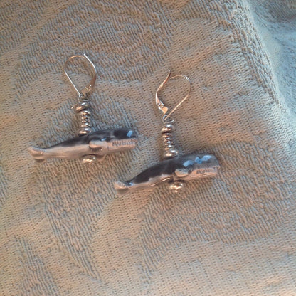 Sperm Whale Earrings - Beautifully designed exotic animal earrings showcasing hand painted sperm whales with sterling silver ear wires.