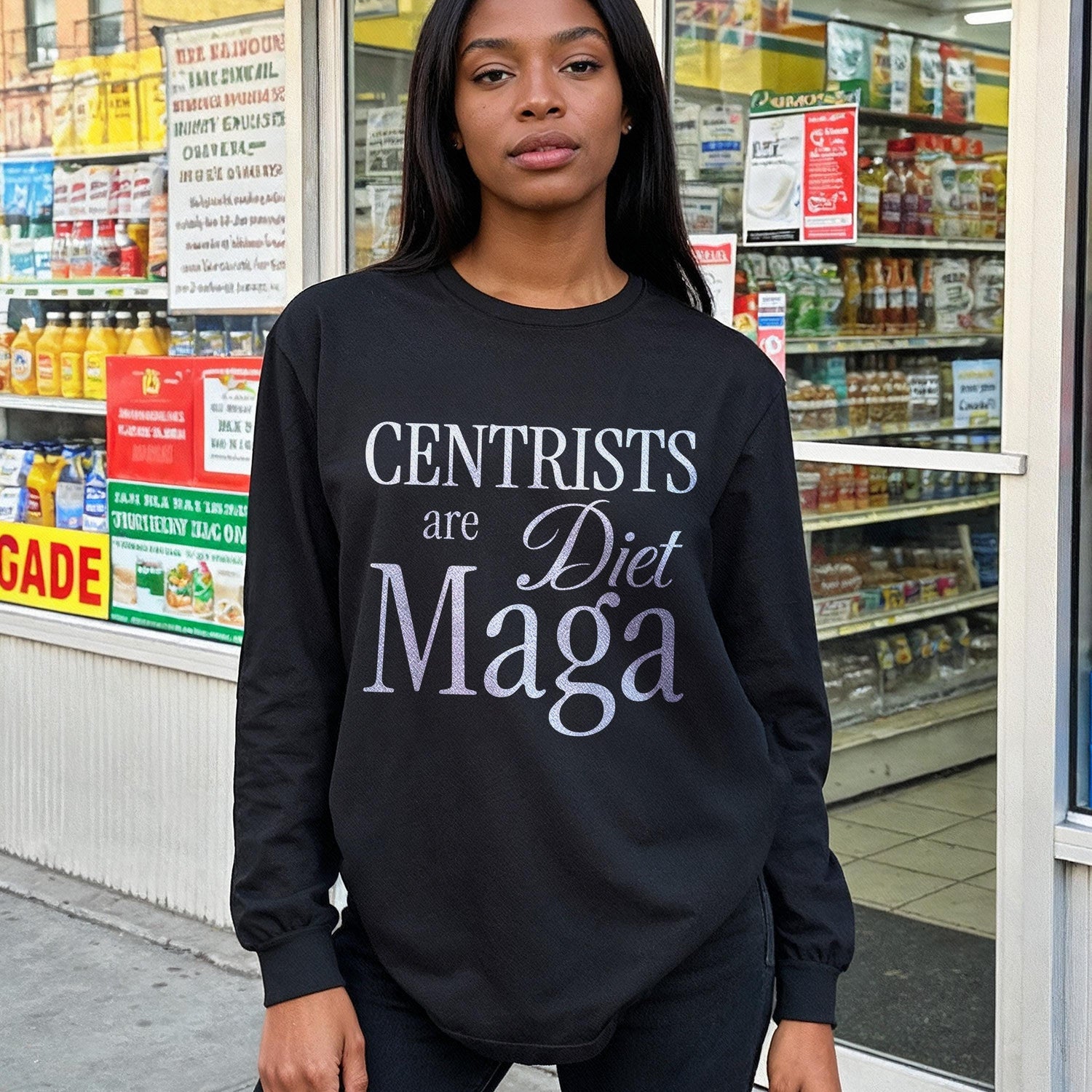 Black long-sleeve shirt with &amp;quot;CENTRISTS are Diet Maga&amp;quot; text in gradient print.