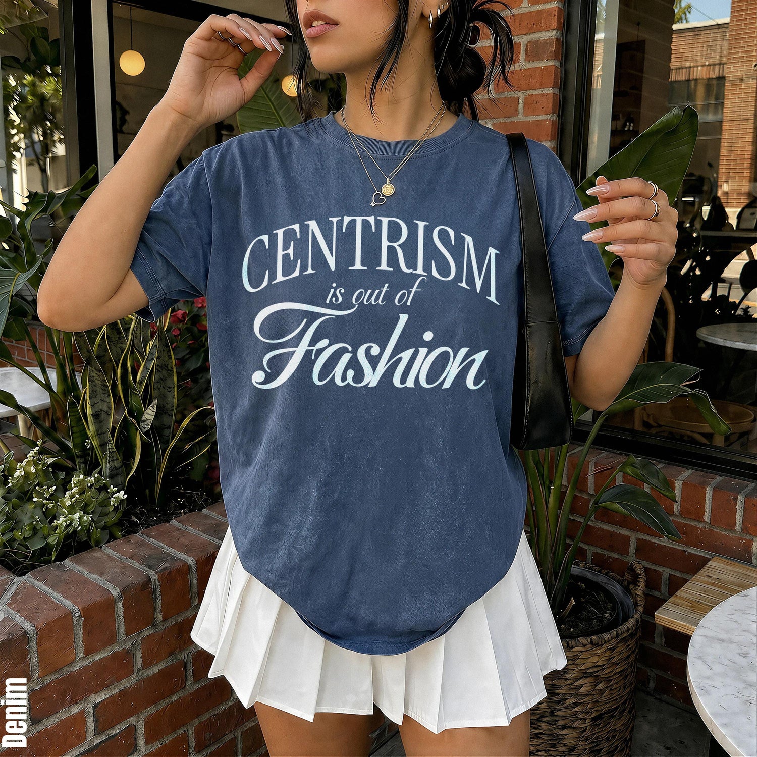 Denim oversized t-shirt with &amp;quot;CENTRISIM is out of Fashion&amp;quot; graphic.