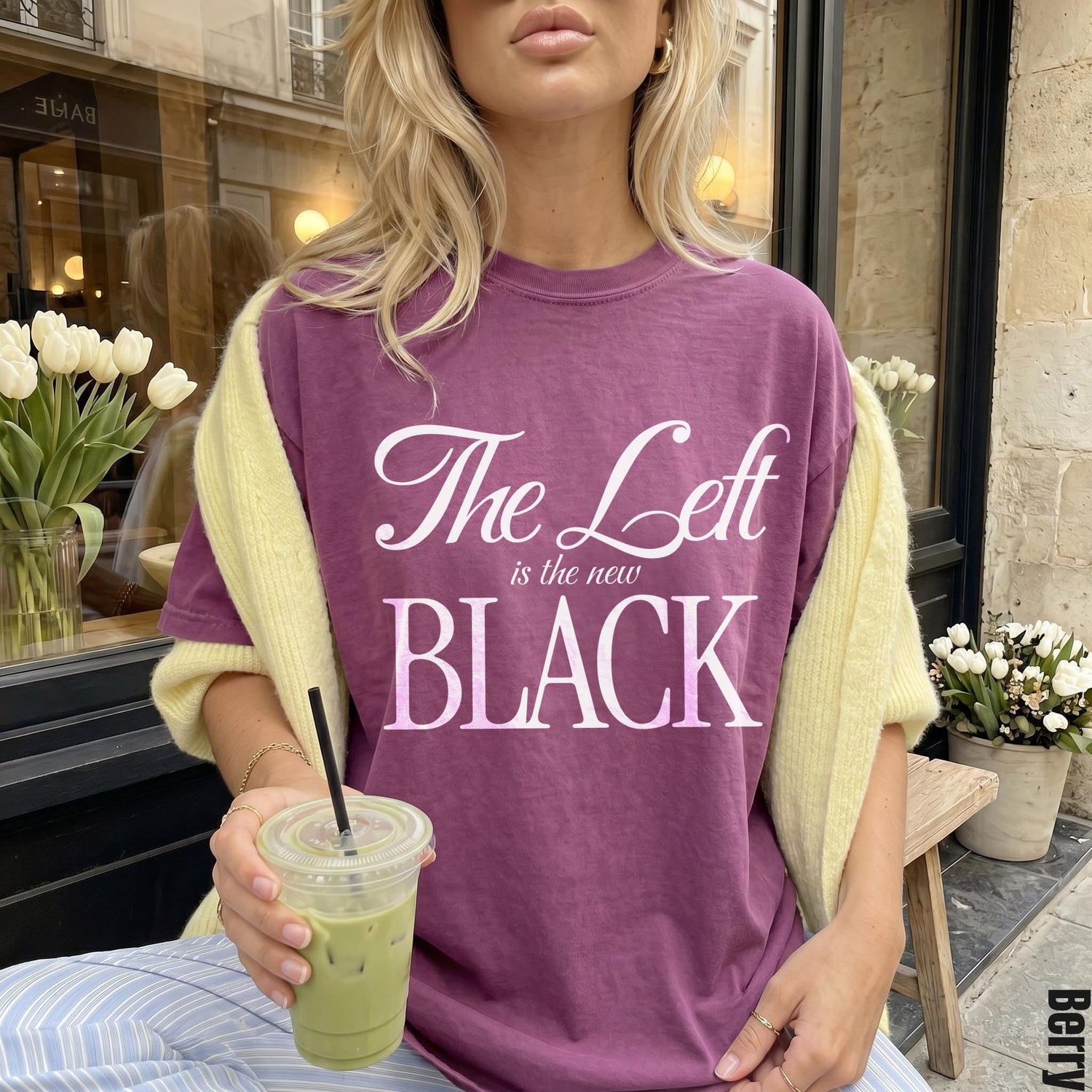 Berry colored t-shirt with &amp;quot;The Left is the new BLACK&amp;quot; graphic and yellow cardigan.