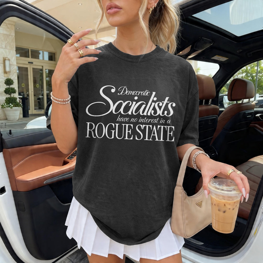 Dark t-shirt with white text &amp;quot;Democratic Socialists have no interest in a ROGUE STATE&amp;quot;