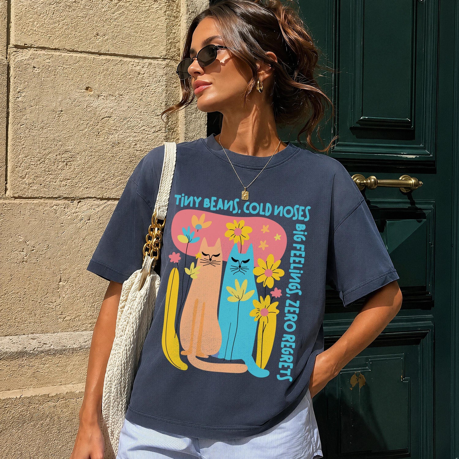 T-shirt with cartoon cats and text &amp;quot;Tiny Beans, Cold Noses. Big Feelings, Zero Regrets.&amp;quot;