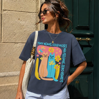 T-shirt with cartoon cats and text &amp;quot;Tiny Beans, Cold Noses. Big Feelings, Zero Regrets.&amp;quot;
