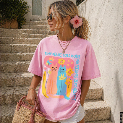 Pink t-shirt with &amp;quot;Tiny Beans, Cold Noses&amp;quot; text and three colorful cats graphic.