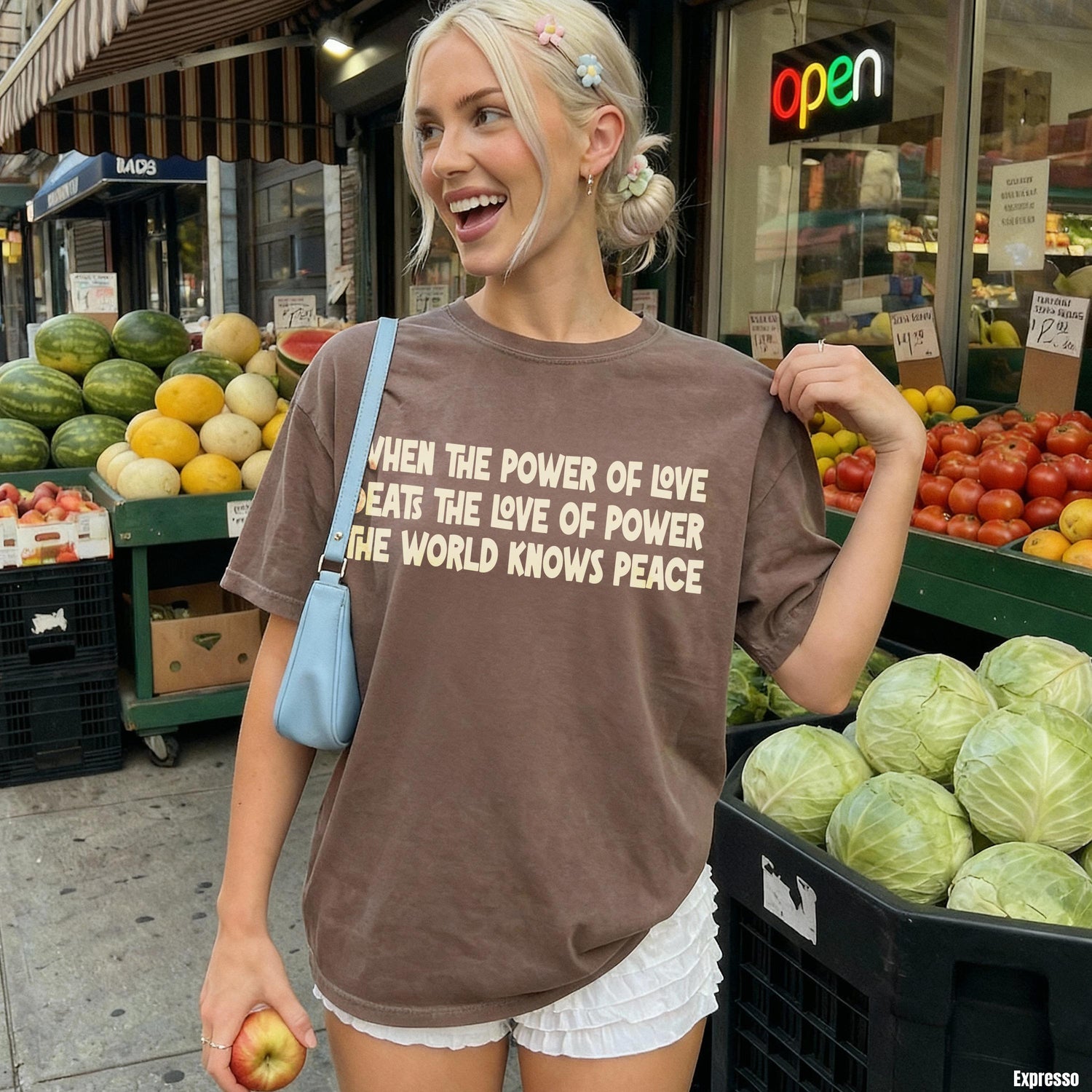 Brown t-shirt with text &amp;quot;When the Power of Love Beats the Love of Power The World Knows Peace.&amp;quot;
