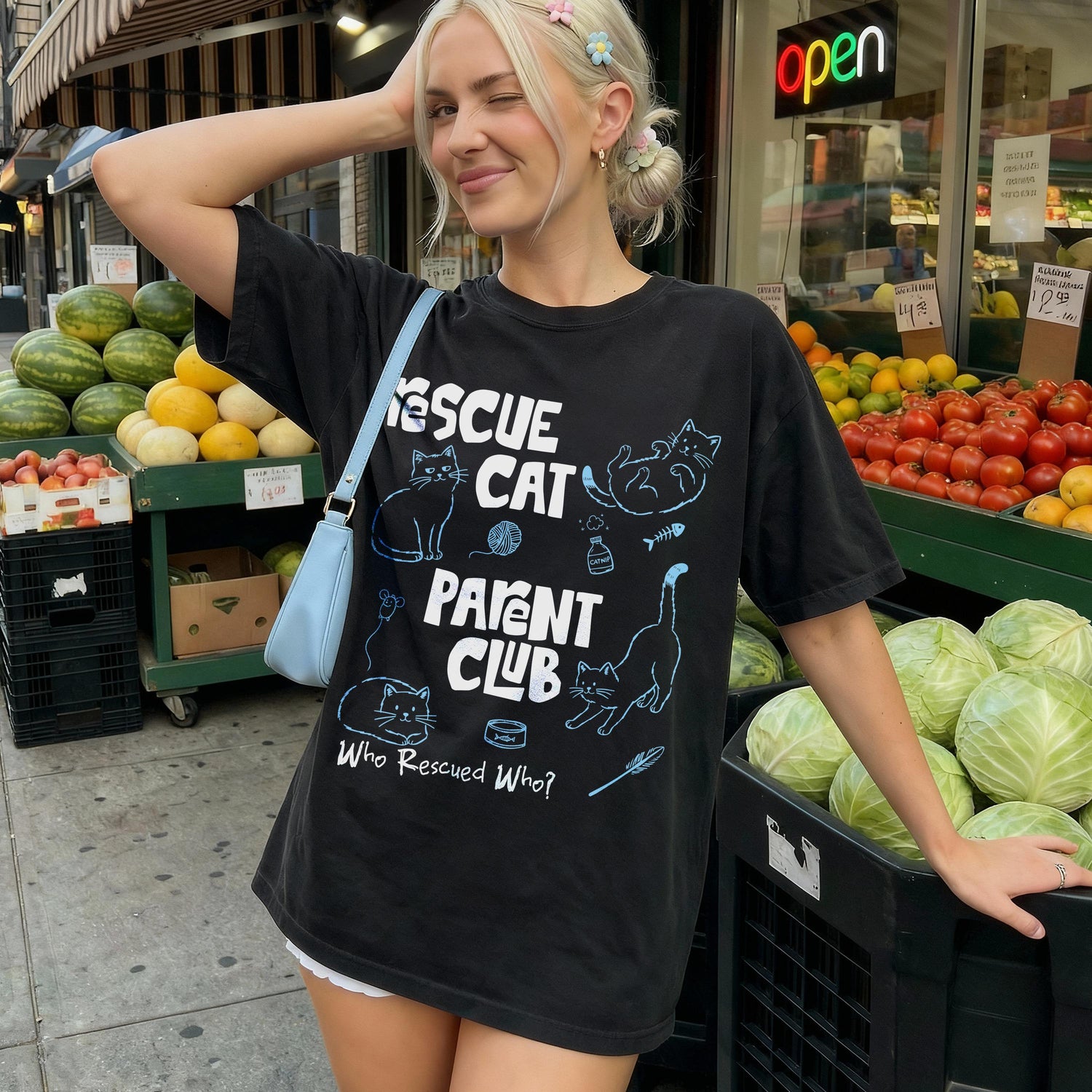 Black t-shirt with &amp;quot;Rescue Cat Parent Club&amp;quot; text and cat graphics.