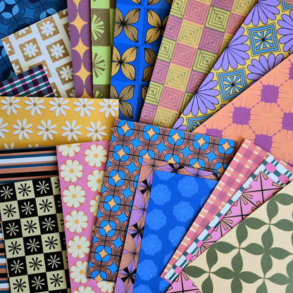 Retro-Inspired Geometric &amp; Floral Mystery Paper Bundle, Varied Scrapbook Junk Journal Pages 5.5x8.5, 4.25x5.5