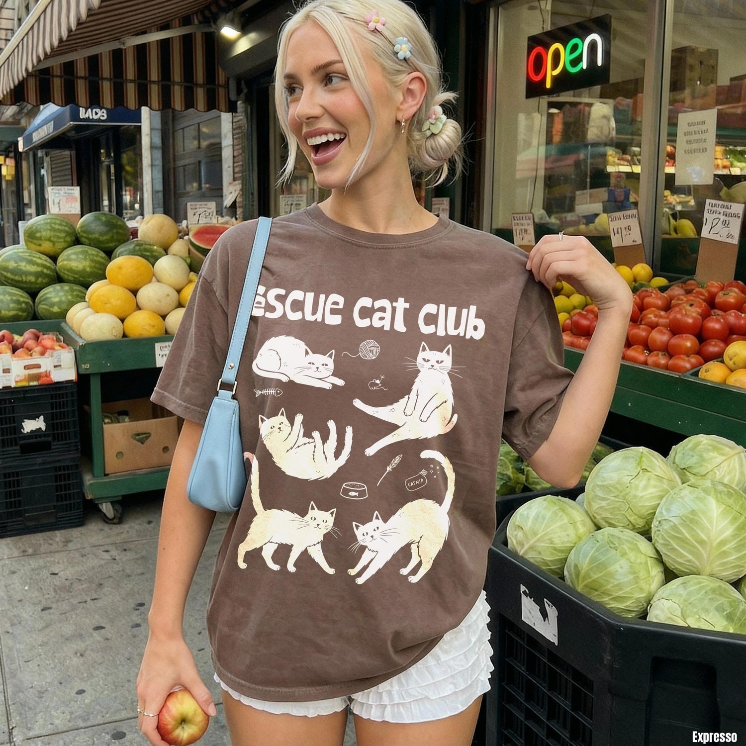 Brown t-shirt with white cat illustrations and &amp;quot;Rescue Cat Club&amp;quot; text.