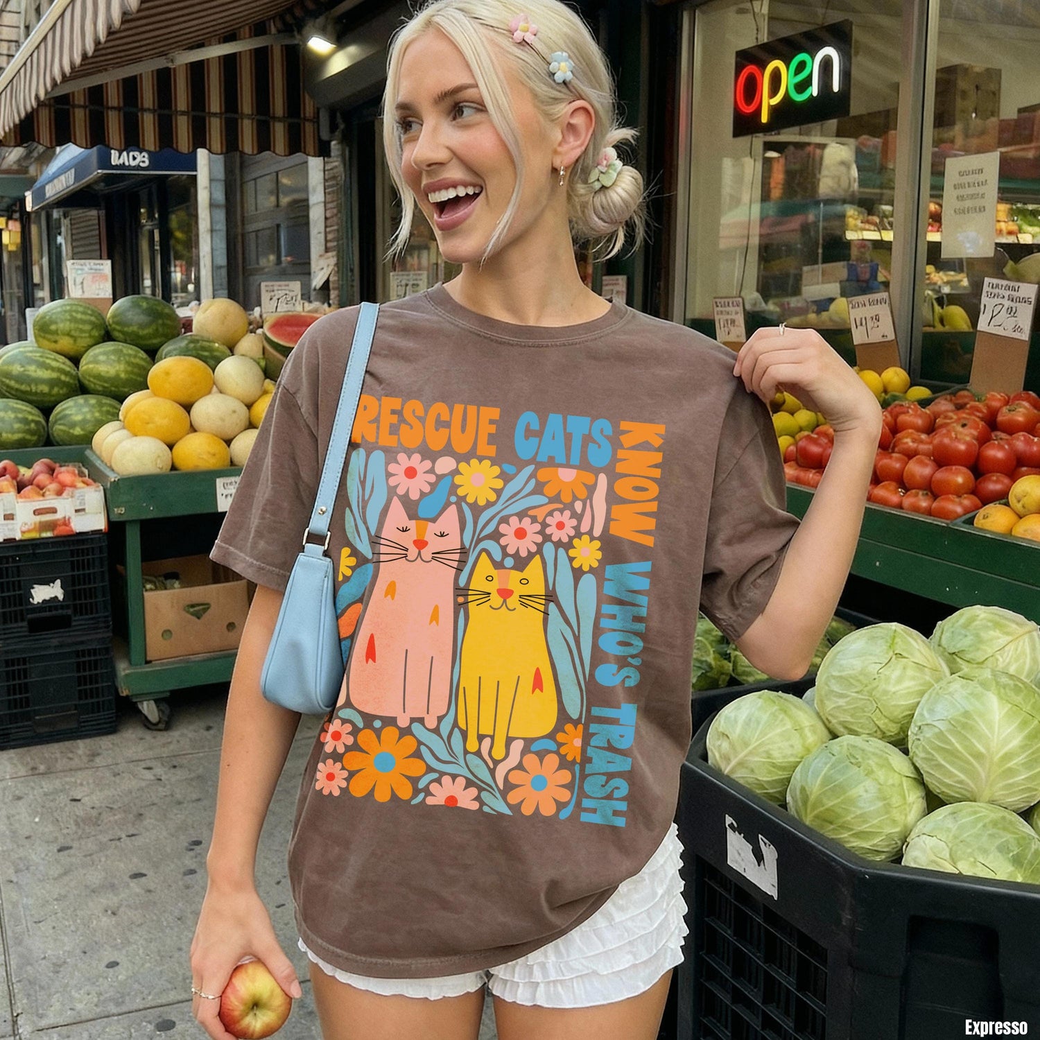 Brown t-shirt with colorful cats and &amp;quot;Rescue Cats Know Who&amp;