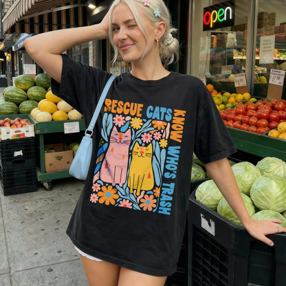Black t-shirt with &amp;quot;RESCUE CATS KNOW WHO&amp;