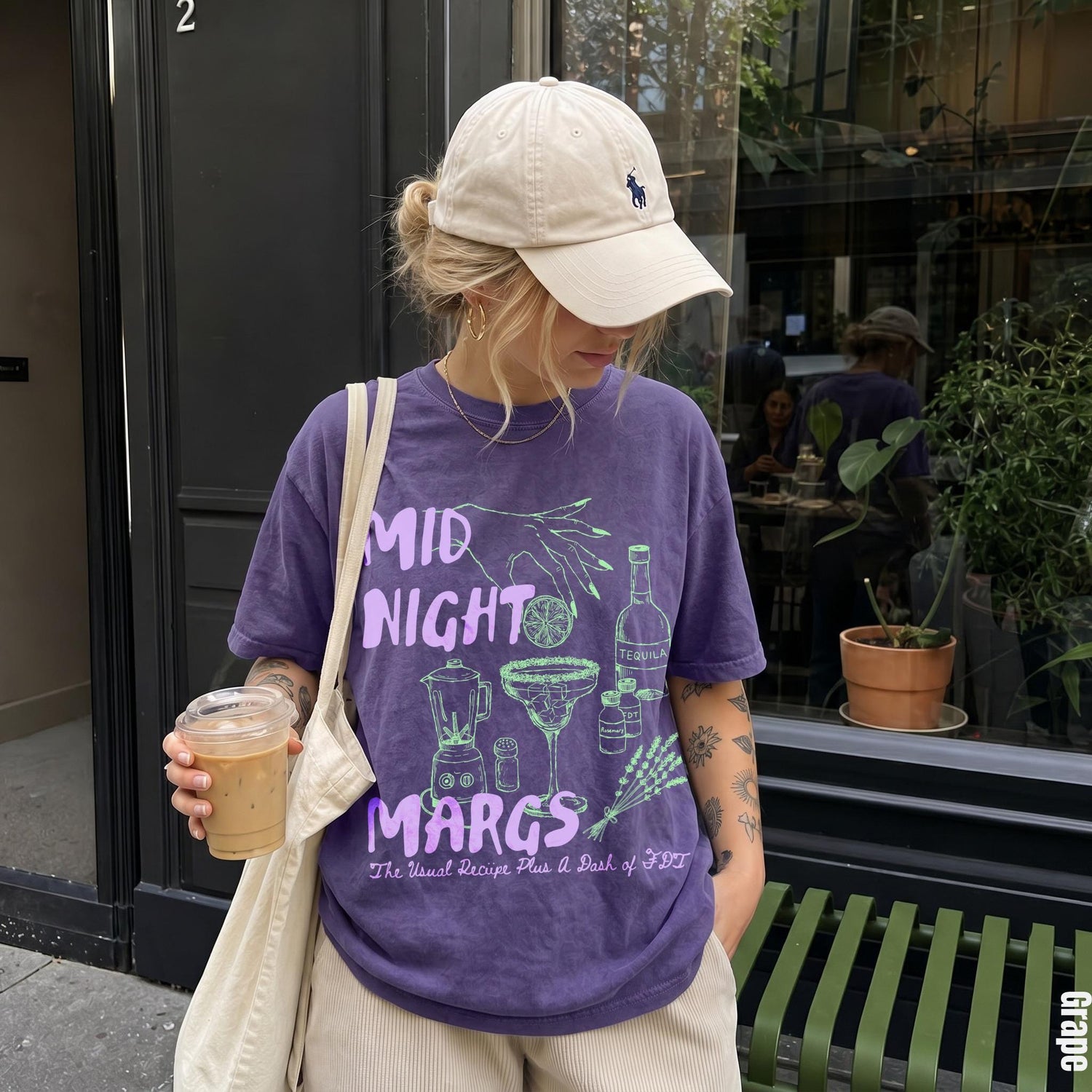 Purple t-shirt with &amp;quot;MID NIGHT MARGS&amp;quot; graphic, showing drink making accessories.