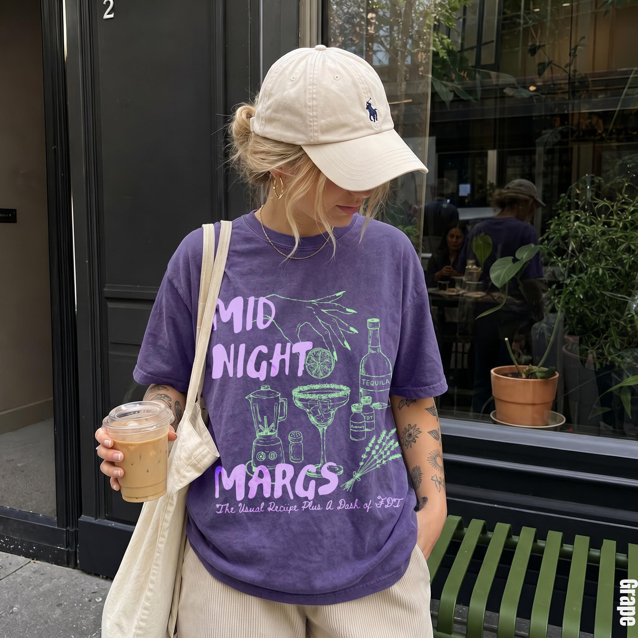 Purple t-shirt with &amp;quot;MID NIGHT MARGS&amp;quot; graphic, showing drink making accessories.