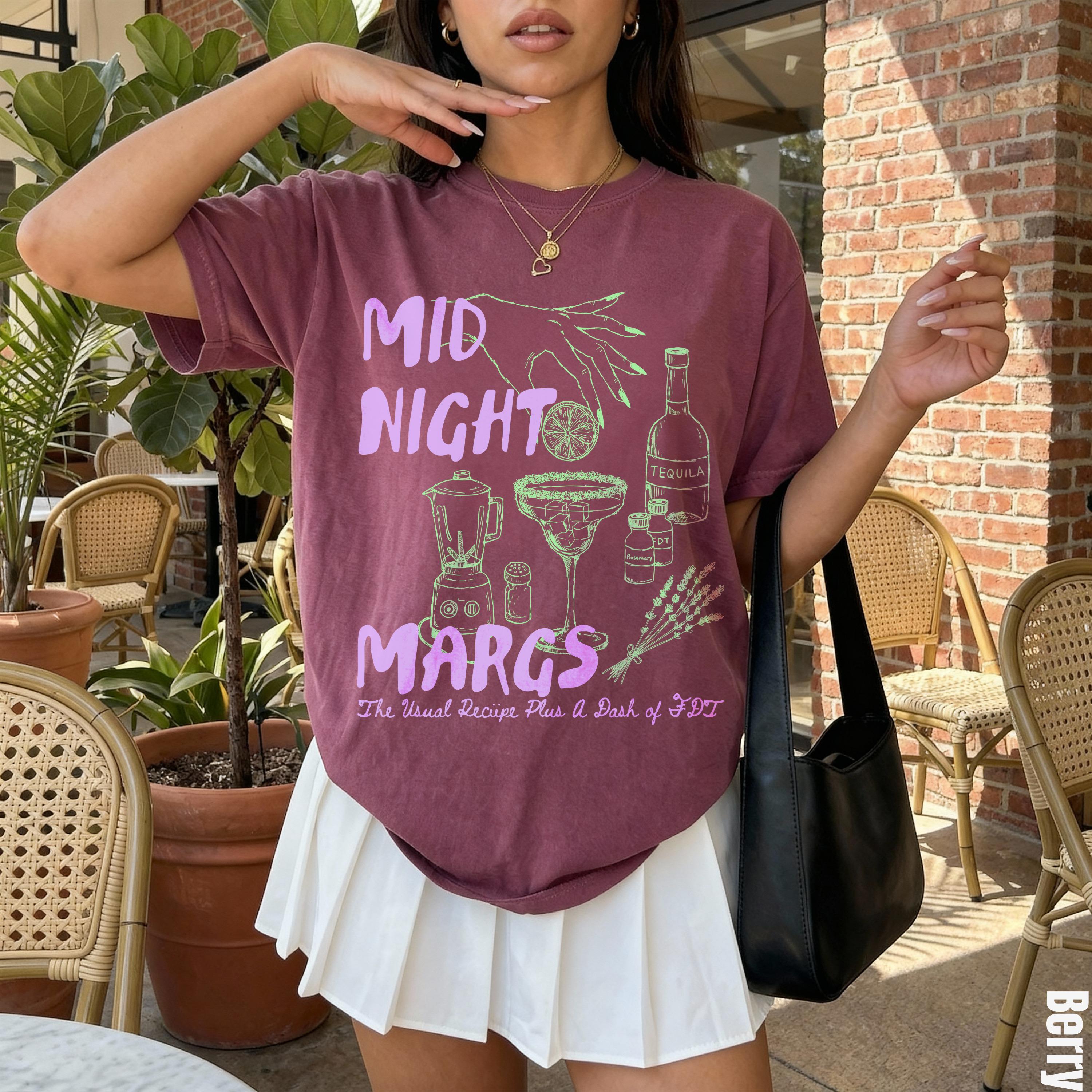 T-shirt with &amp;quot;Midnight Margs&amp;quot; design featuring cocktails, blender, tequila, and herbs.