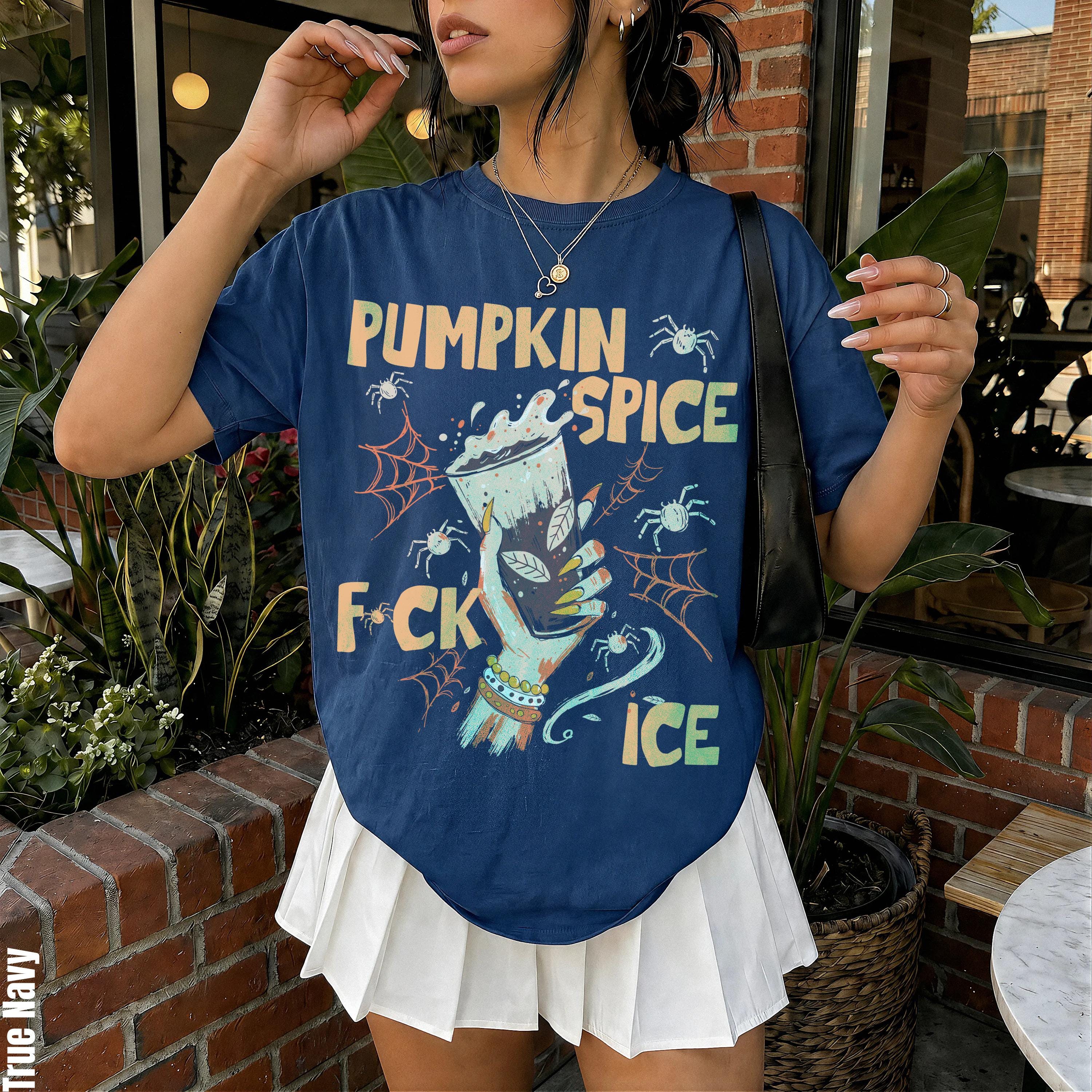 Navy t-shirt with &amp;quot;Pumpkin Spice F*** Ice&amp;quot; graphic and spiderwebs.