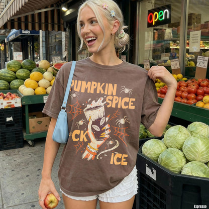 Brown t-shirt with &amp;quot;Pumpkin Spice&amp;quot; graphic featuring a hand holding a drink and spiders.