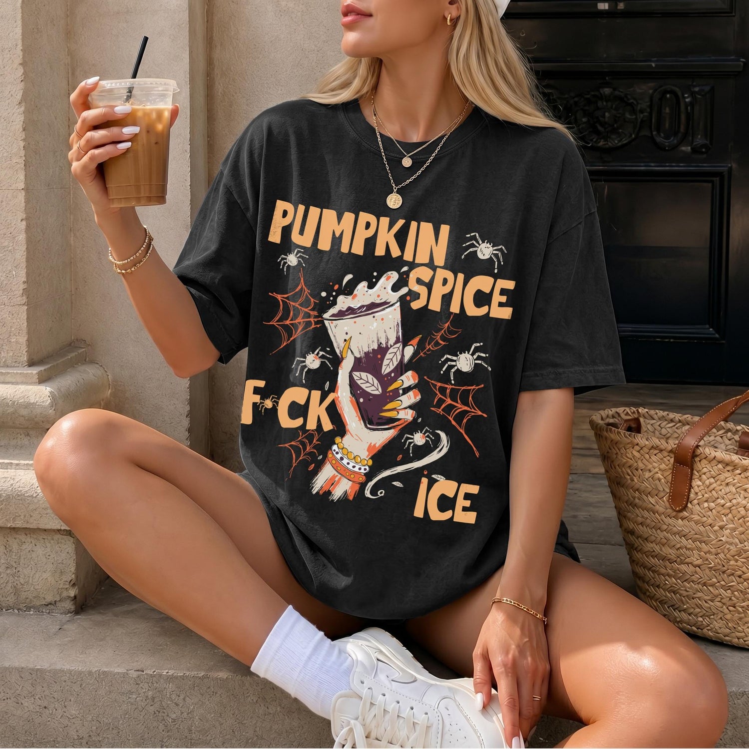 Black t-shirt with &amp;quot;Pumpkin Spice&amp;quot; and spiders graphic.