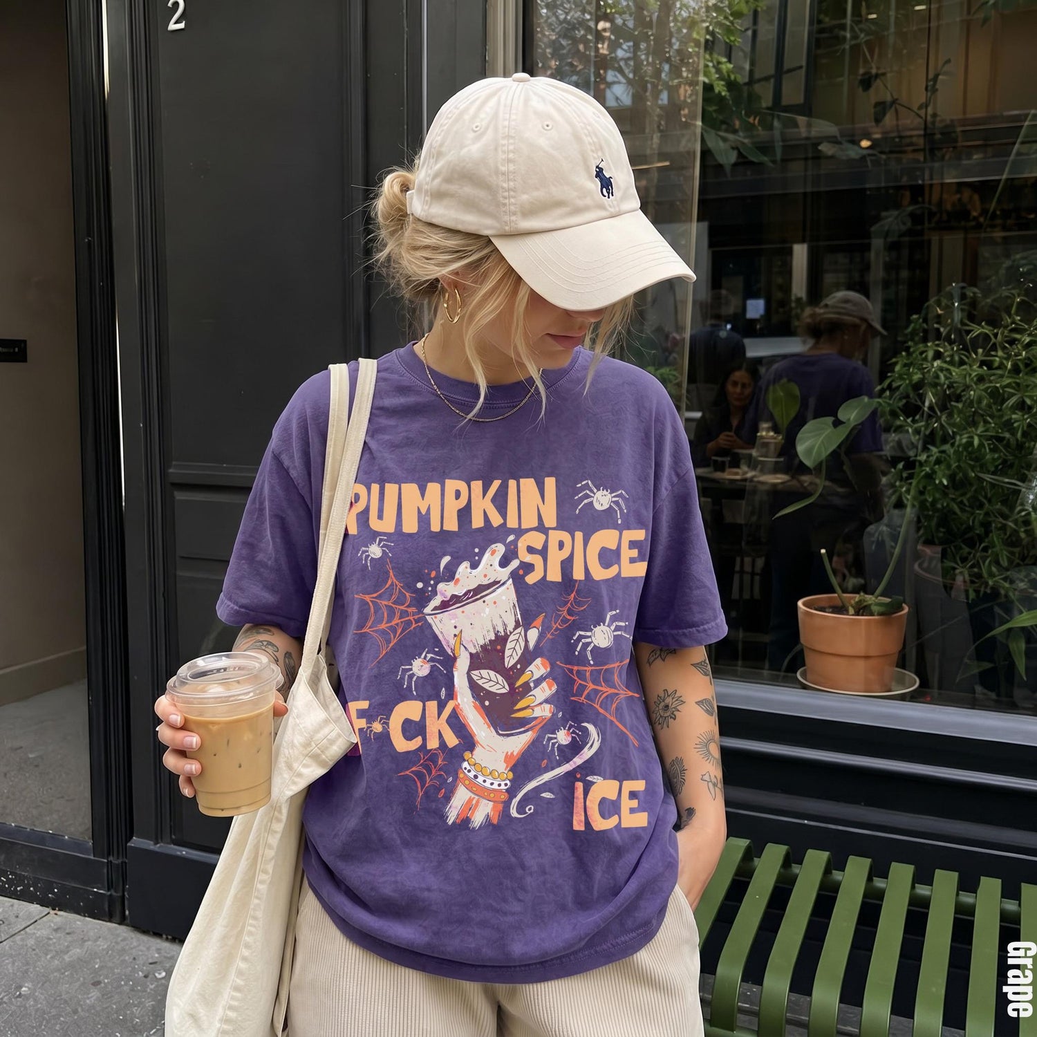 Purple t-shirt with &amp;quot;Pumpkin Spice&amp;quot; Halloween graphic and iced coffee.