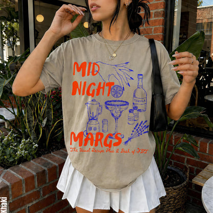 Graphic tee with &amp;quot;MID NIGHT MARGS&amp;quot; text and margarita illustrations.
