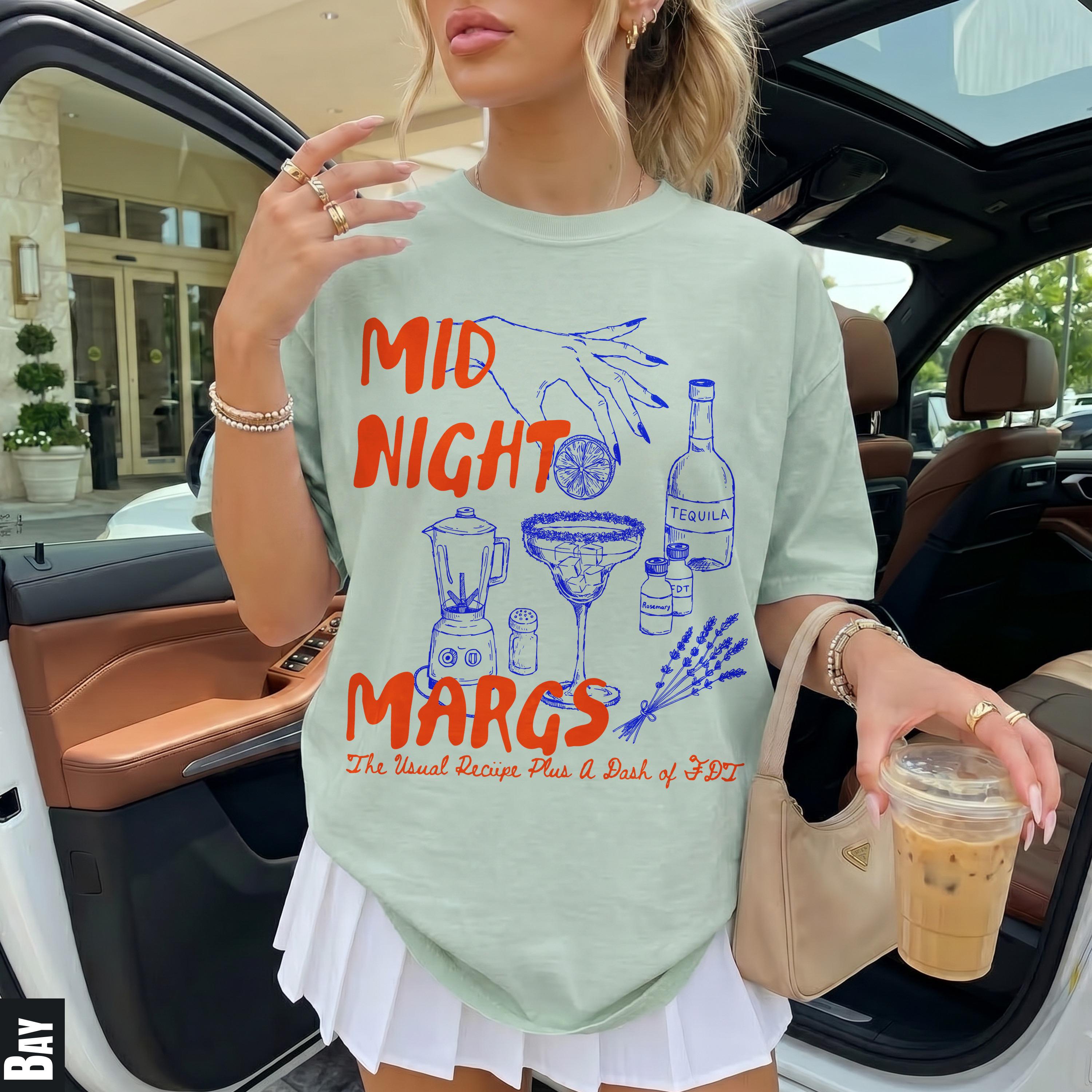 T-shirt with &amp;quot;MID NIGHT MARGS&amp;quot; and cocktail ingredients graphic.