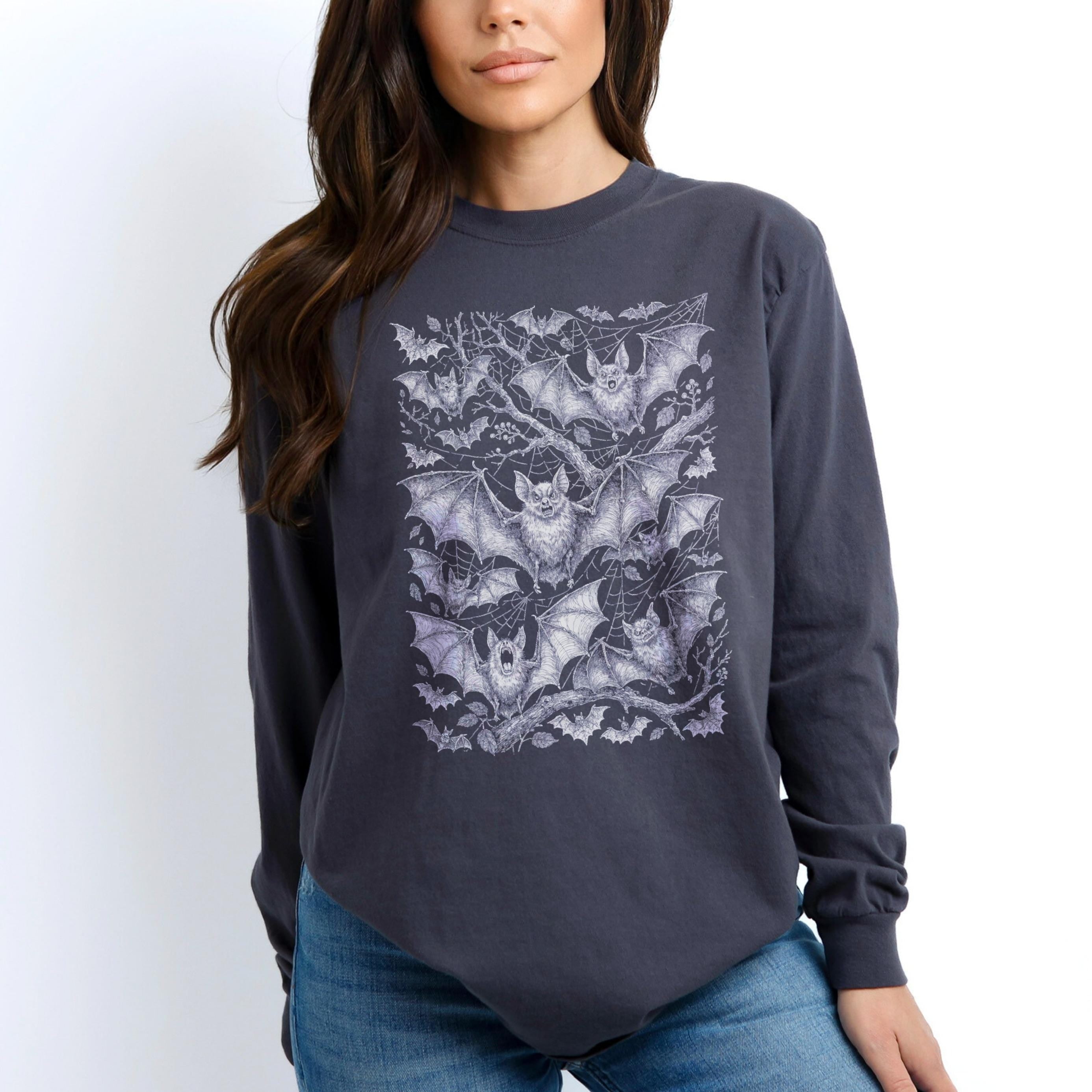 Dark grey long-sleeved shirt with a detailed bat and spiderweb print on the front.