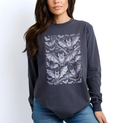 Dark grey long-sleeved shirt with a detailed bat and spiderweb print on the front.