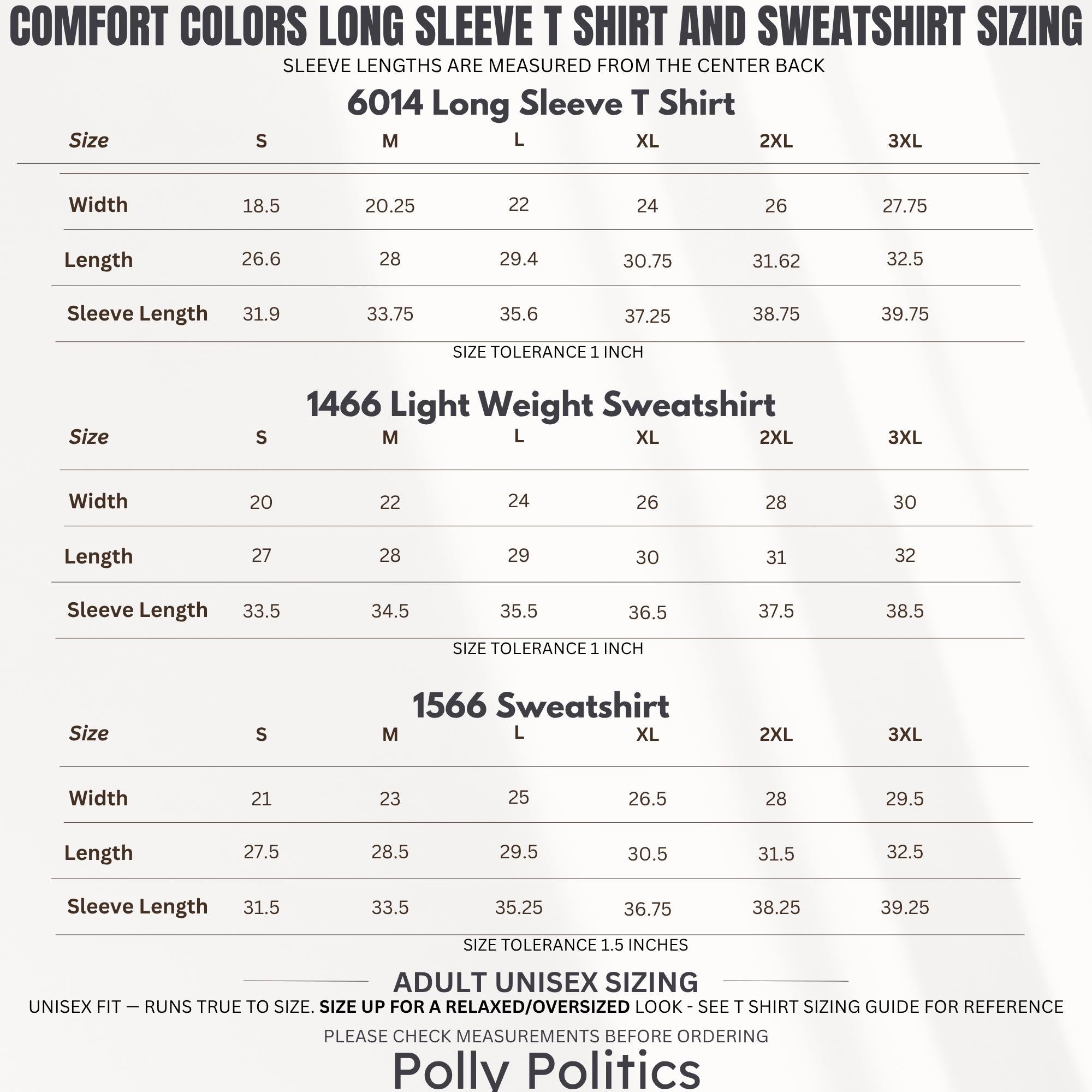 Comfort Colors sizing chart for long sleeve t-shirts and sweatshirts.