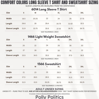 Comfort Colors sizing chart for long sleeve t-shirts and sweatshirts.