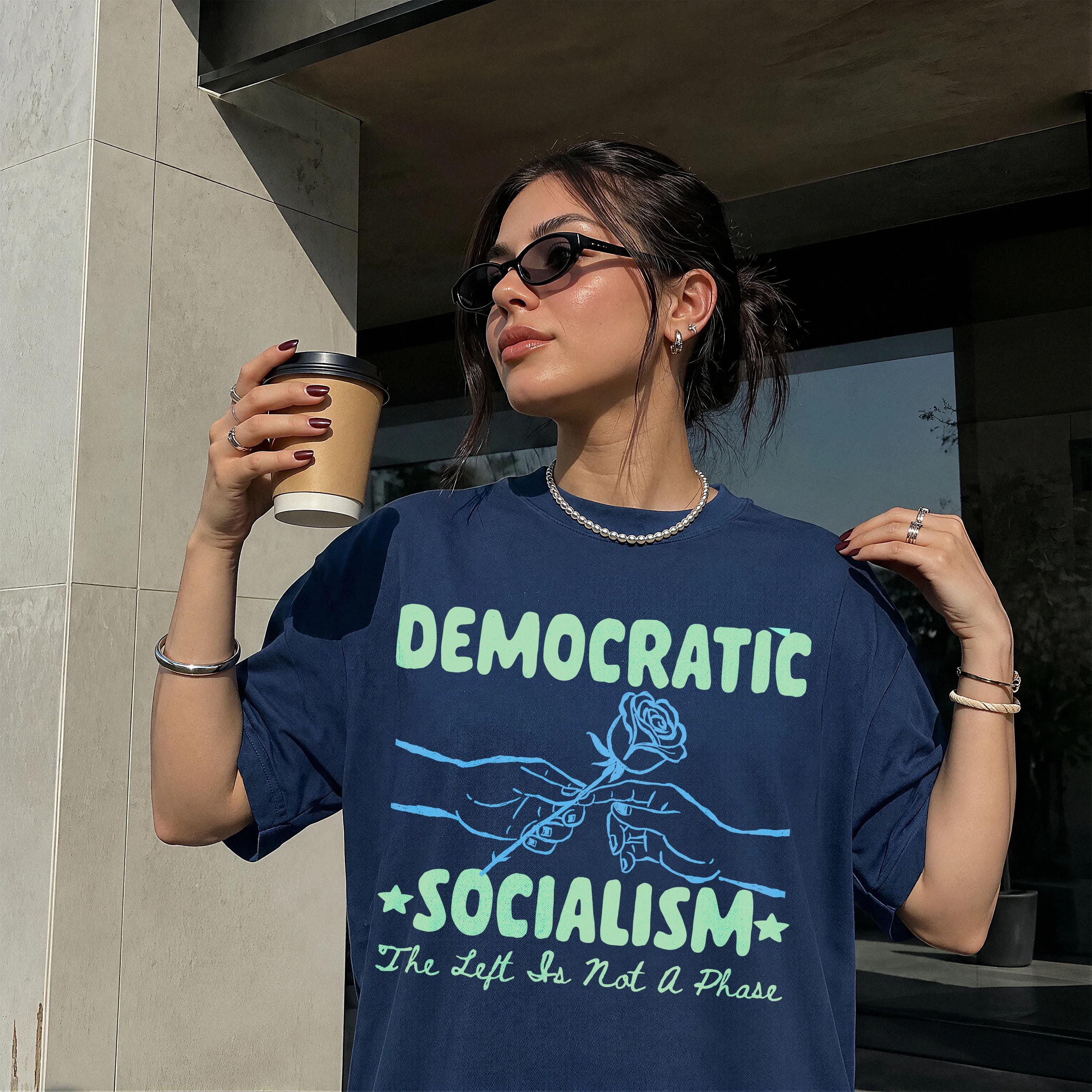 Navy t-shirt with &amp;quot;Democratic Socialism The Left Is Not A Phase&amp;quot; text and graphic.