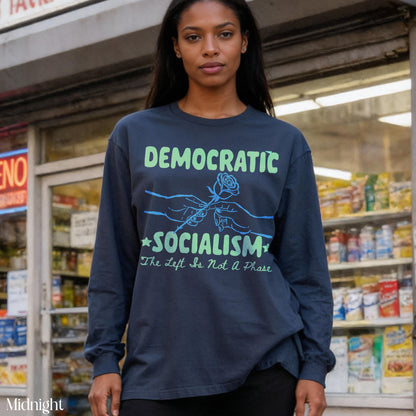 Dark blue long-sleeve shirt with &amp;quot;Democratic Socialism&amp;quot; and a rose graphic.
