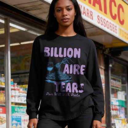 Black long-sleeve shirt with text and spaghetti graphic.