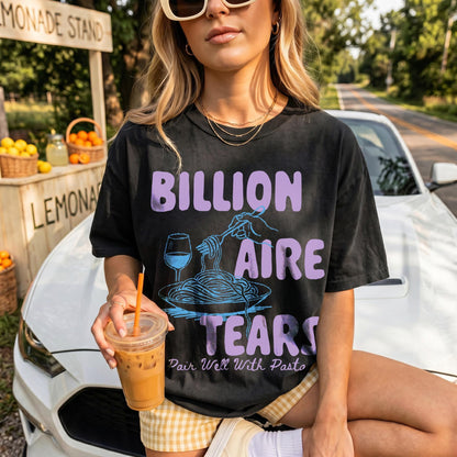 Black t-shirt with &amp;quot;Billionaire Tears&amp;quot; in purple and pasta graphic.