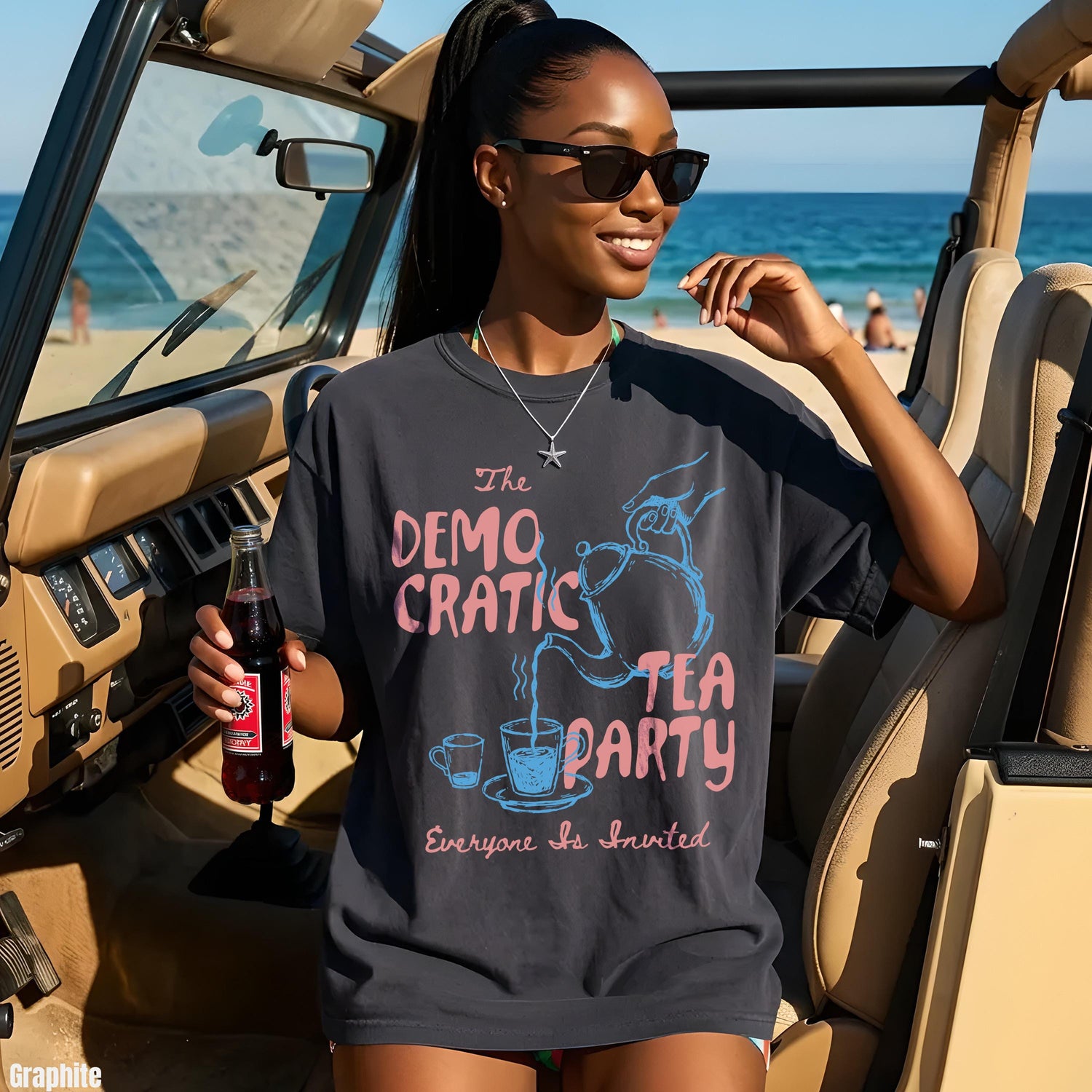 Charcoal grey t-shirt with &amp;quot;The Democratic Tea Party Everyone Is Invited&amp;quot; on the front.
