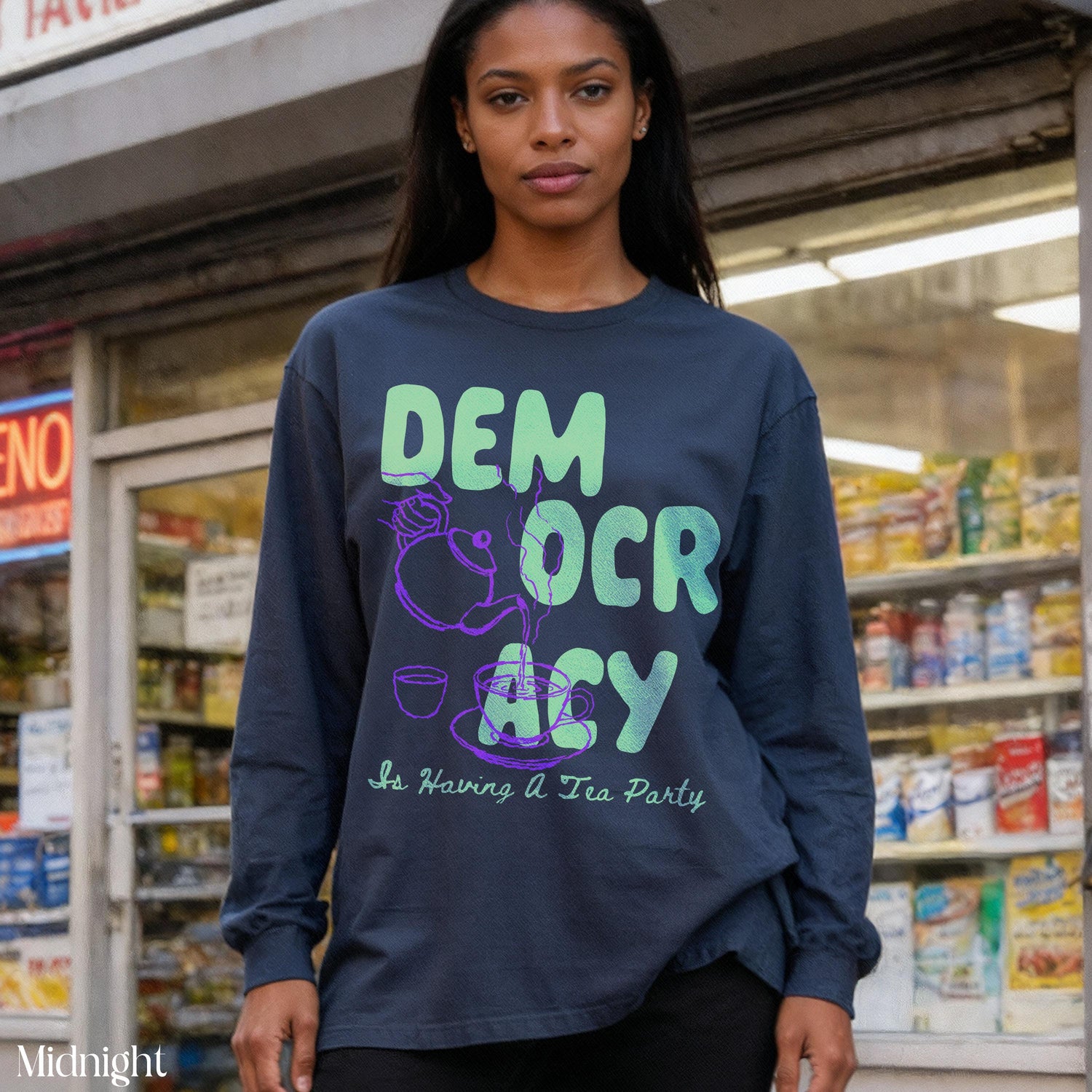 Dark blue long-sleeve shirt with &amp;quot;DEM OCRACY Is Having A Tea Party&amp;quot; text and tea illustration.