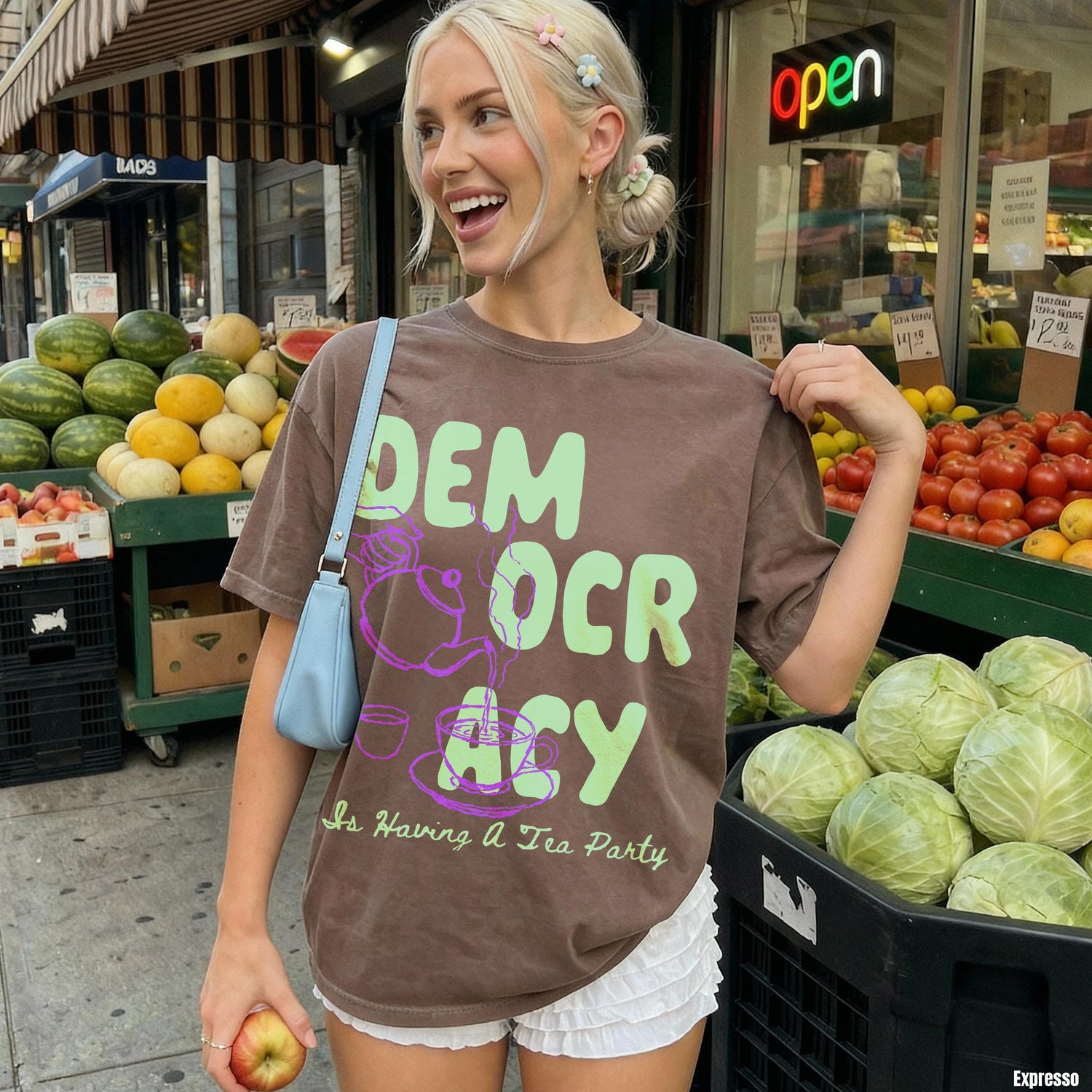 Brown t-shirt with &amp;quot;DEMOCRACY Is Having A Tea Party&amp;quot; text and graphic.