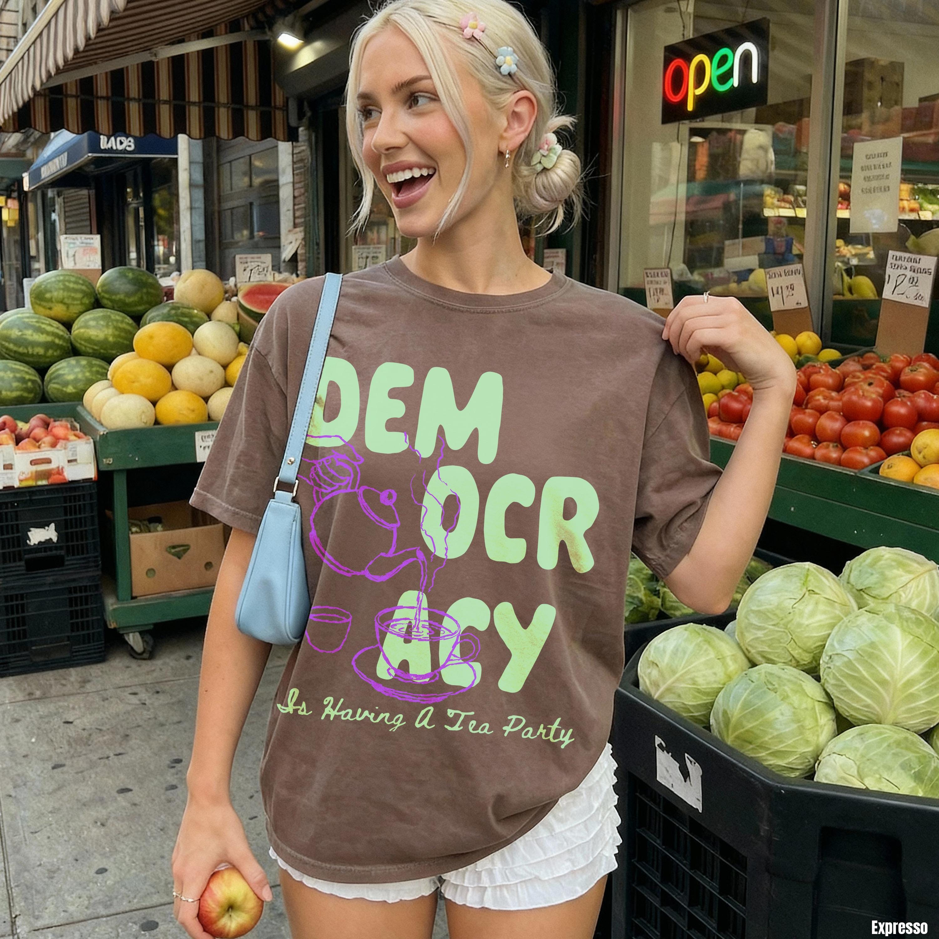 Brown t-shirt with &amp;quot;DEMOCRACY Is Having A Tea Party&amp;quot; text and graphic.