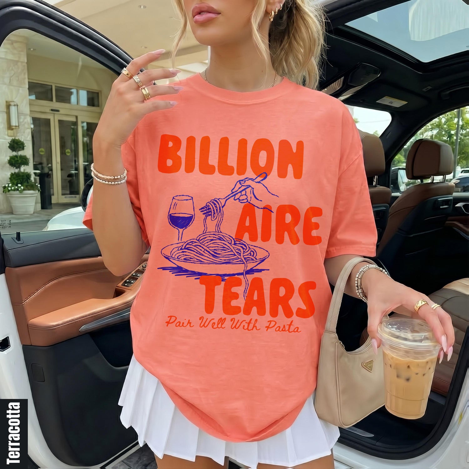 &amp;quot;Billionaire Tears&amp;quot; graphic tee with pasta and wine graphic, &amp;quot;Pair Well With Pasta&amp;quot; text.