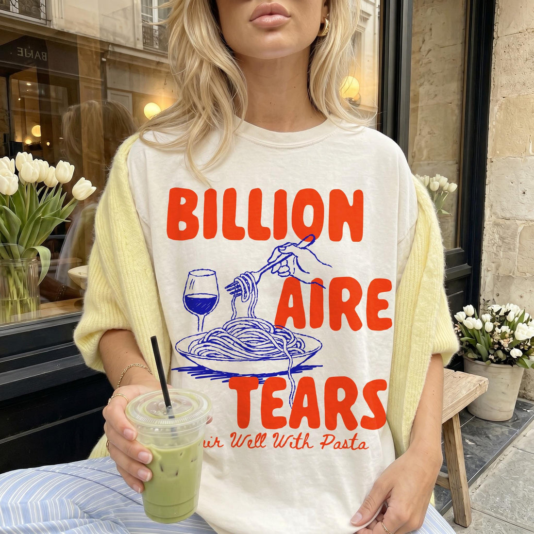 White t-shirt with red text &amp;quot;BILLIONAIRE TEARS&amp;quot; and pasta illustration.