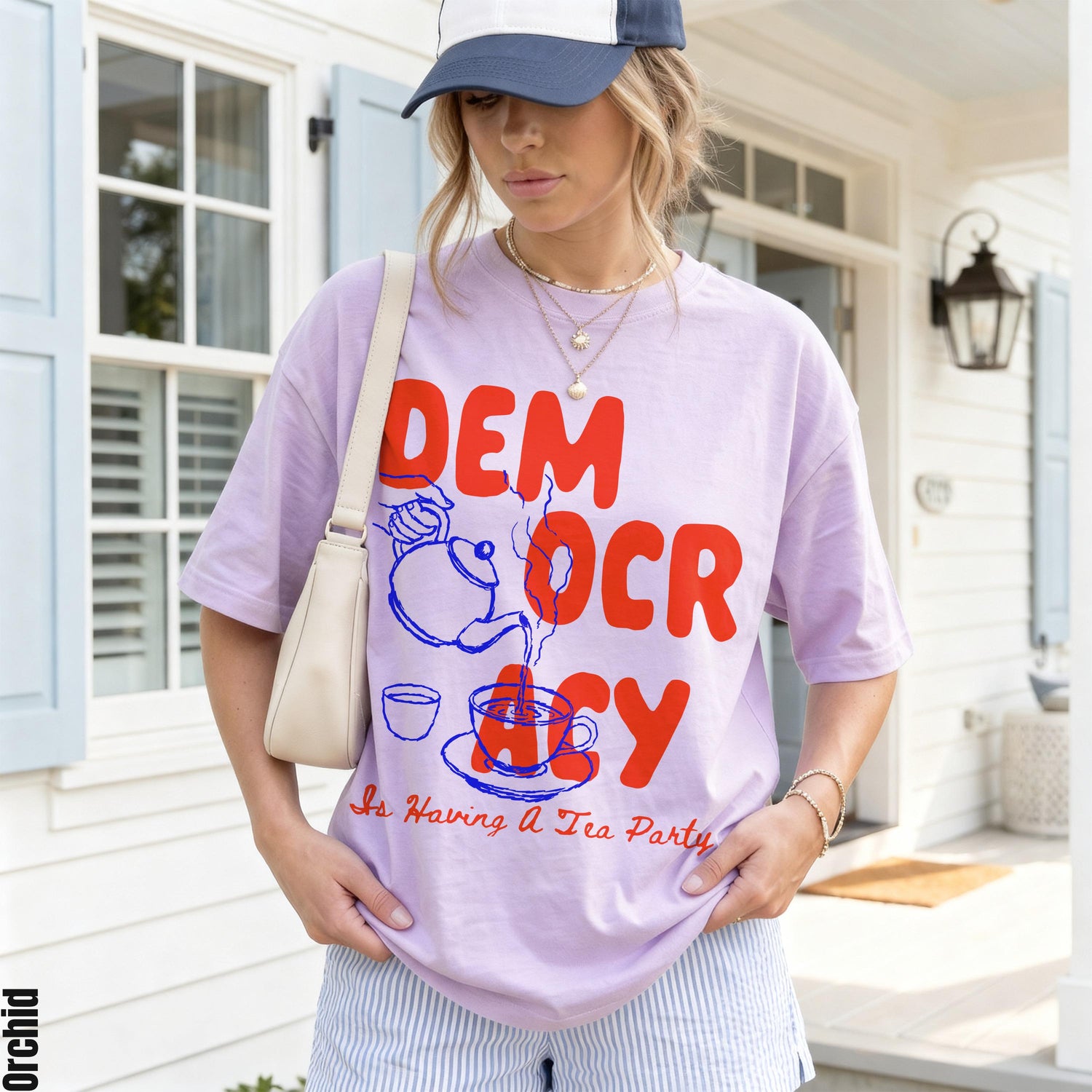 Lavender t-shirt with &amp;quot;DEMOCRACY Is Having A Tea Party&amp;quot; graphic.