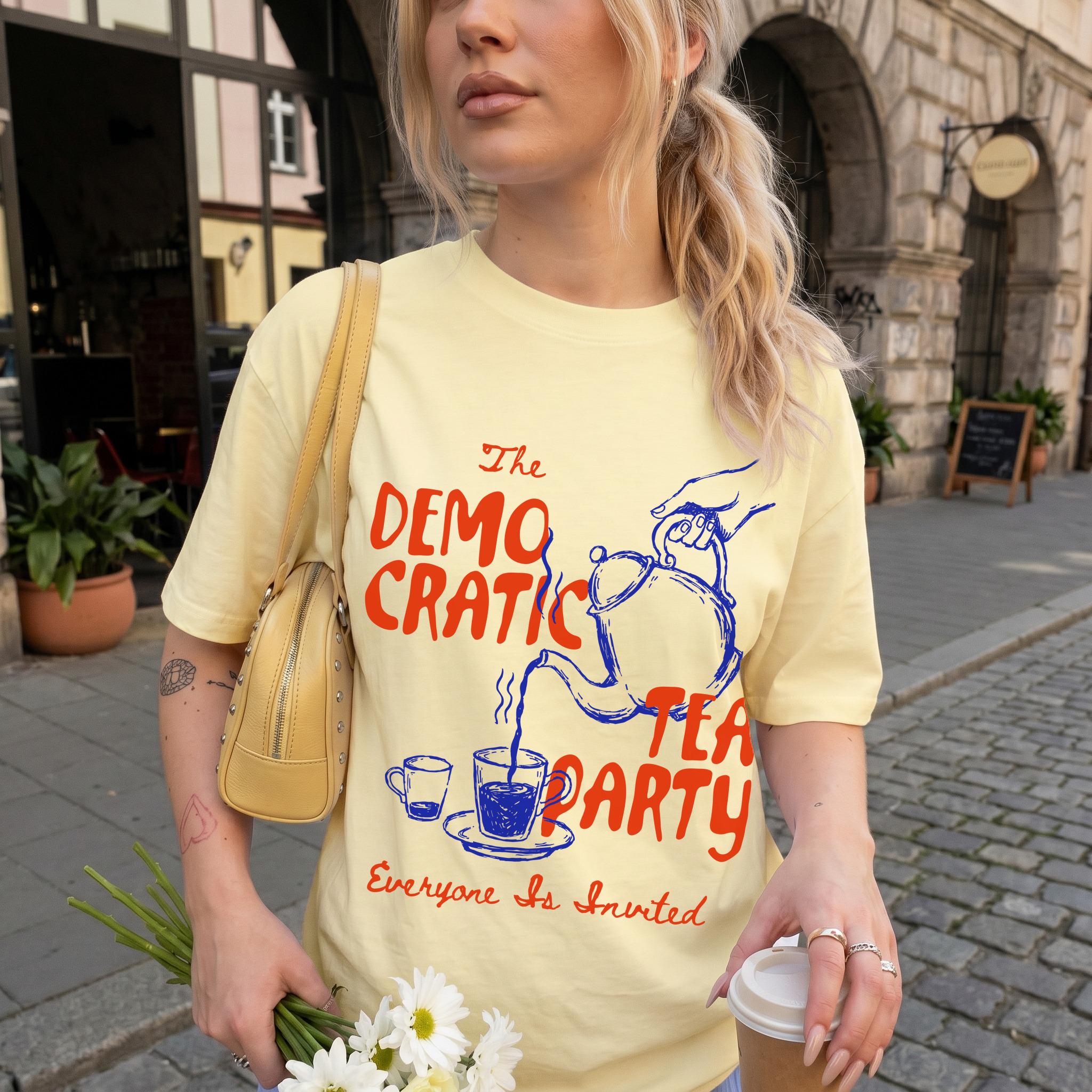 Yellow t-shirt with &amp;quot;The Democratic Tea Party Everyone Is Invited&amp;quot; text and graphic.