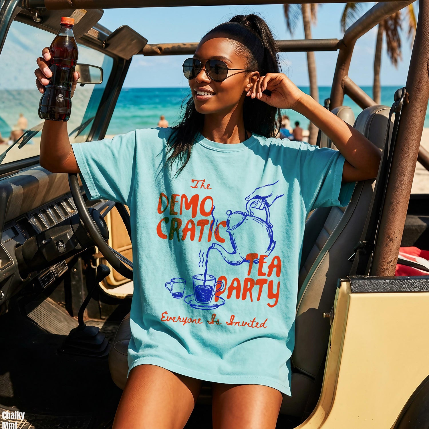 Light blue t-shirt with &amp;quot;The Democratic Tea Party Everyone Is Invited&amp;quot; text and graphic.