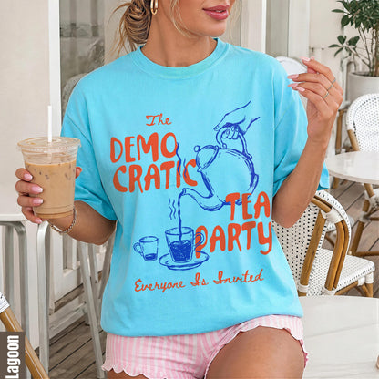 Blue t-shirt with orange text &amp;quot;The DEMO CRATIC TEA PARTY Everyone Is Invited&amp;quot; and teaparty graphic.