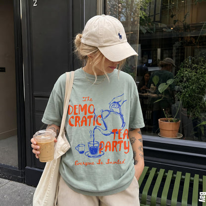 Light green t-shirt with &amp;quot;The Democratic Tea Party&amp;quot; and &amp;quot;Everyone Is Invited&amp;quot; text.