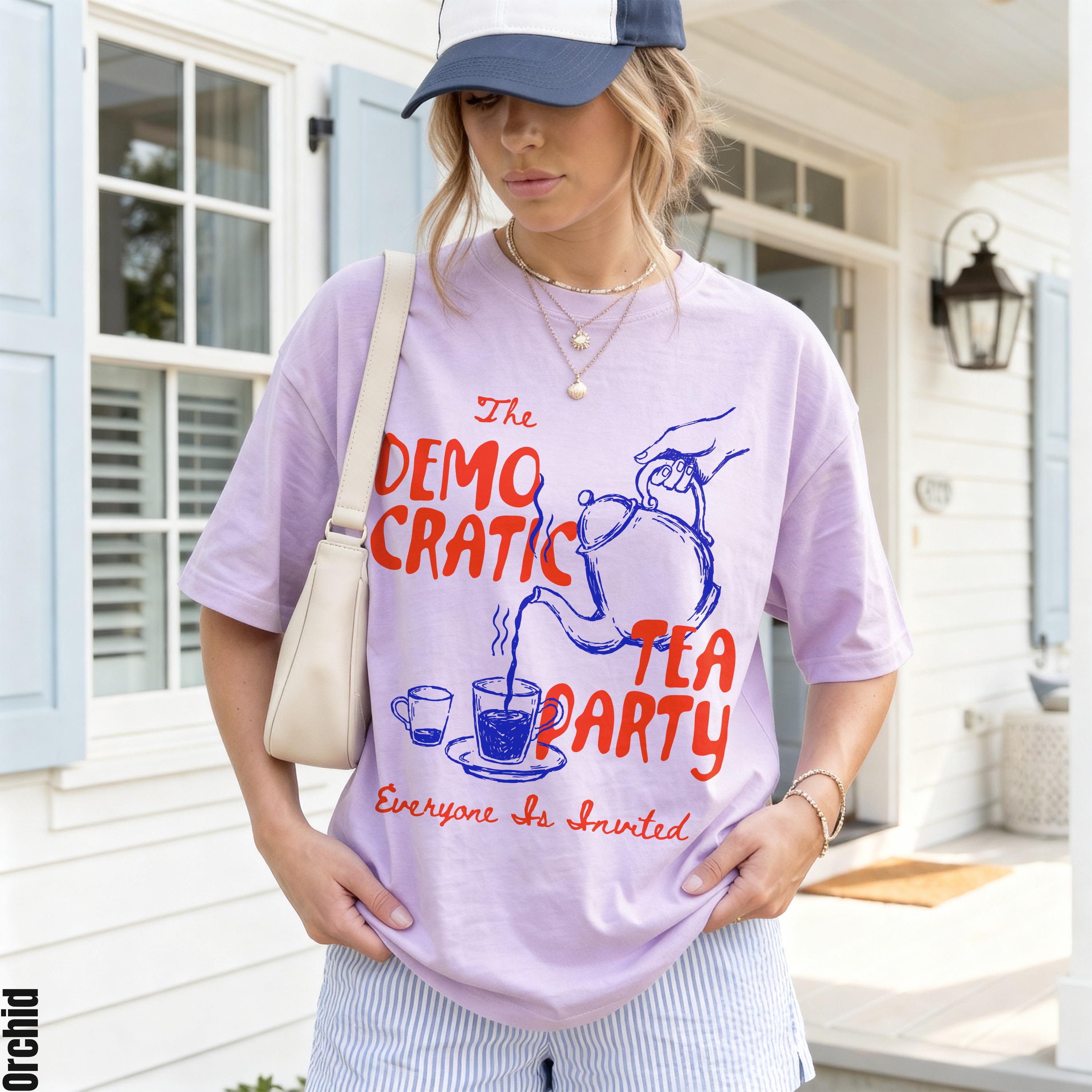 Lavender t-shirt with &amp;quot;The Democratic Tea Party&amp;quot; graphic and &amp;quot;Everyone Is Invited&amp;quot; text.