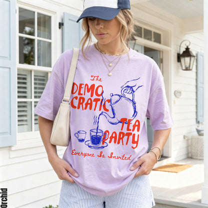 Lavender t-shirt with &amp;quot;The Democratic Tea Party&amp;quot; graphic and &amp;quot;Everyone Is Invited&amp;quot; text.